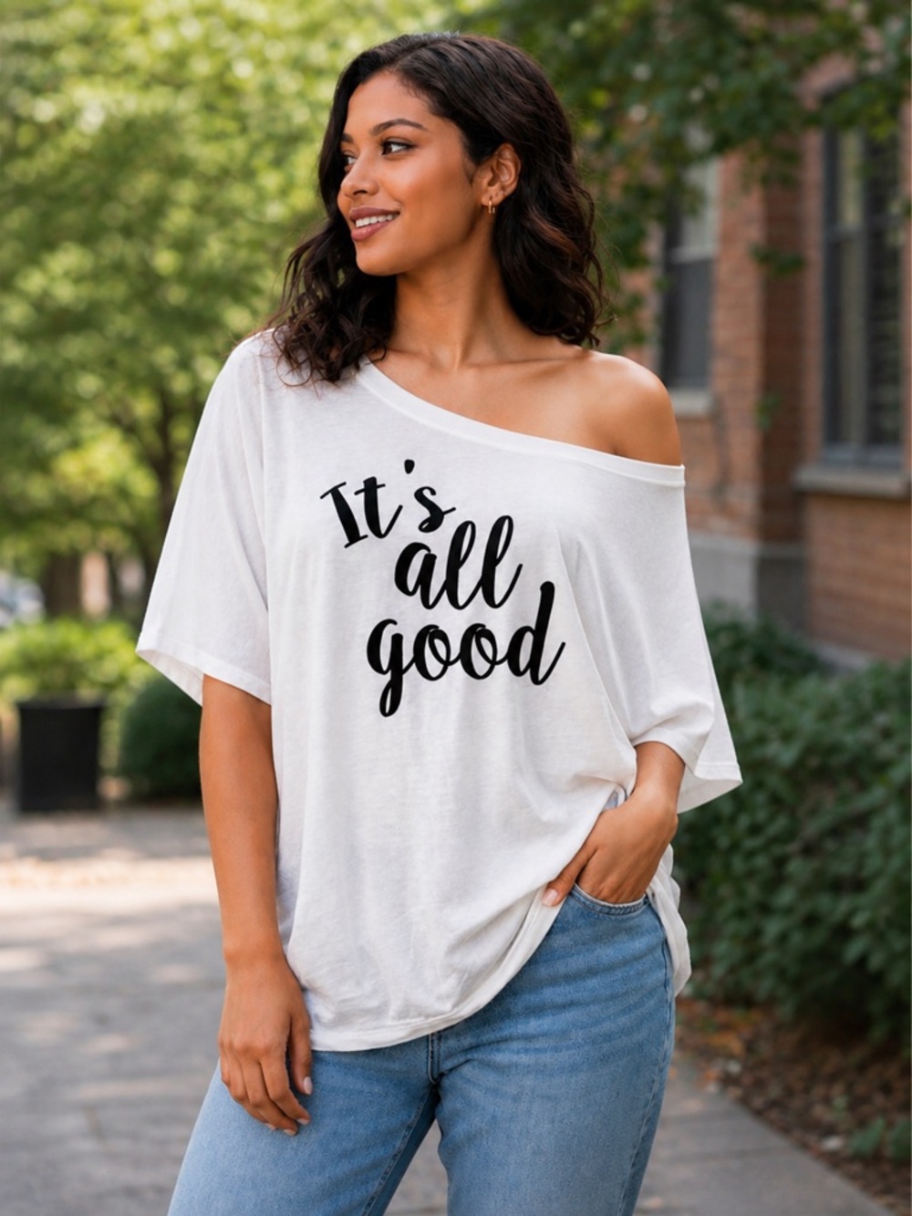 Bella White On/Off-Shoulder Graphic Tee with Black Script